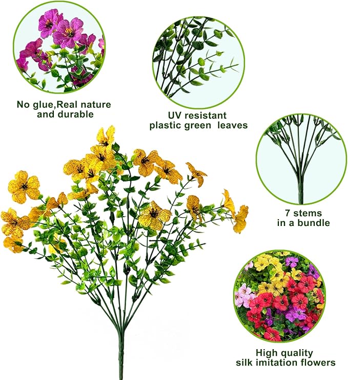 12 Bundles Artificial Flowers for Outdoor,No Fade UV Resistant Fake Flowers,4 Color Faux Plants for Outside Hanging Planters,Artificial Plants for Indoor Porch Garden Home Wedding Decor