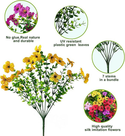 12 Bundles Artificial Flowers for Outdoor,UV Resistant Fake Flowers,Faux Plants for Outside Hanging Planters,Artificial Plants for Indoor Porch Garden Home Wedding Decor(Yellow,Fuchsia,Purple)