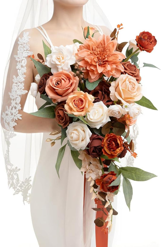 Ling's moment Terracotta Bridal Bouquet Cascading, Burnt Orange Wedding Bouquets for Bride, 13 Inch Bride Bouquets for Wedding Artificial Flowers Bouquets