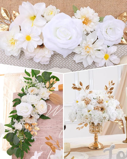 Senseya Artificial Flowers Combo, Milk White Silk Roses, Peonies, Dahlias with Stems for DIY Wedding Bouquets, Baby Shower, Table Centerpieces, Home Decor, Fake Floral Arrangements, Party Decorations