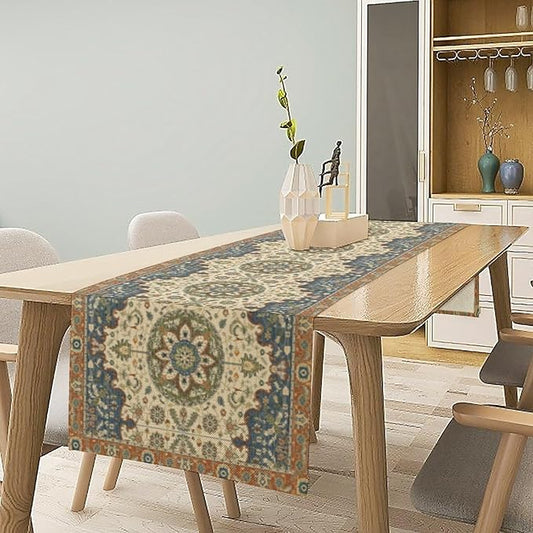 Boho Bohemian Table Tunner, Vintage Neutral Traditional Mandala Floral Blue Beige Medallion Table Runner for Kitchen Dining Outdoor Indoor Home Decor, 13x36 Inch