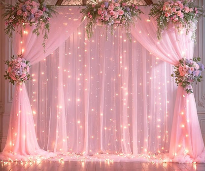10ft x 10ft Pink Tulle Photo Backdrop Curtain with Lights String for Parties Wedding Sheer Baby Pink Curtain Backdrop for Birthday Party Baby Shower Photo Booth Photography Background Decorations