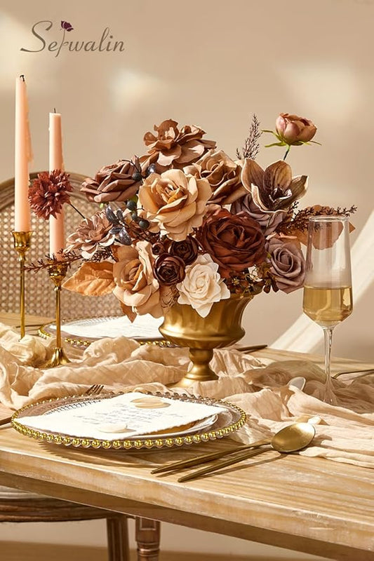 Serwalin Artificial Fall Flowers, Brown & Terracotta Silk Flowers with Stems, Fake Roses Flowers for Wedding Bouquets Bridal Baby Shower Party Craft Home Cake Decoration
