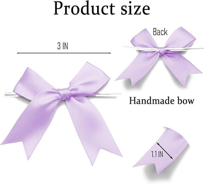 50 Counts Lilac Twist Tie Bows 3.1" Pre-Tied Satin Ribbon Bow Decor Mini Twist Tie Bows for Gift Wrapping Treat Bags Cake Bridal Baby Shower Birthday Party Favors Wedding Decorations