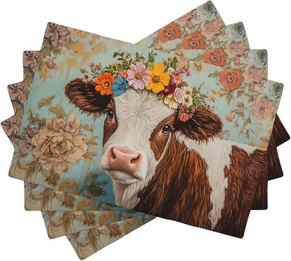 Farmhouse Cow Placemats Set of 4 Washable Table Mats Spring Cow Floral Heat-Resistant Cotton Linen Place Mats for Dining Table Kitchen Indoor Outdoor Party Holiday Decor