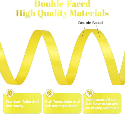 Lemon Yellow Satin Ribbon, Double Faced 1/4 Inch X 25 Yards Lemon Yellow Ribbon, Premium Satin Ribbon for Gift Wrapping, Crafts, Hair Bow Making, Sewing, Flower Bouquet, Wedding Party Decor