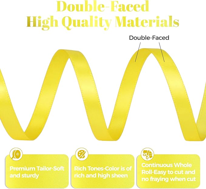 Lemon Yellow Satin Ribbon, Double Faced 1/4 Inch X 50 Yards Lemon Yellow Ribbon, Premium Satin Ribbon for Gift Wrapping, Crafts, Hair Bow Making, Sewing, Flower Bouquet, Wedding Party Decor
