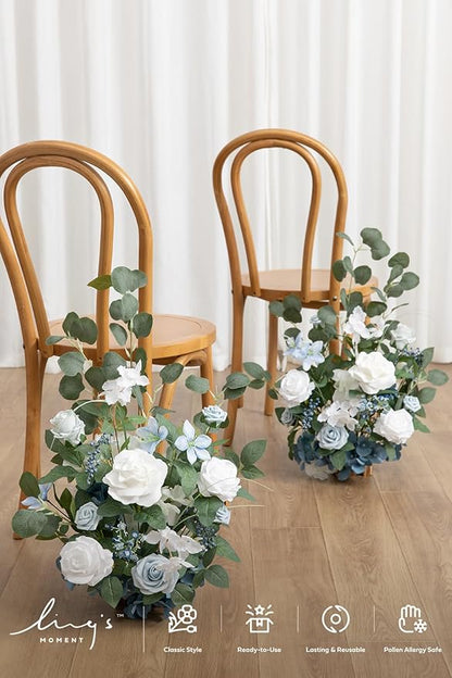 Ling's moment 17.5" Tall Free Standing Artificial Flowers Arrangements 2 pcs Wedding Aisle Runner Chair Decorations Dusty Blue & White Centerpieces for Ceremony Reception Rose Floral Party Outdoor