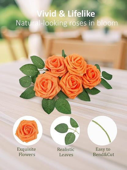 N&T NIETING Artificial Roses Flowers, Fake Glitter Flowers Burnt Orange Roses Perfect for DIY Wedding Bridal Bouquets Centerpieces Bridal Shower Party Home Flower Arrangement Decorations, 25Pcs