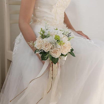 Wedding Bouquets Large for Bride Bridesmaid,White Champagne Artificial Roses Flowers for Wedding Church Decoration (9.5in)