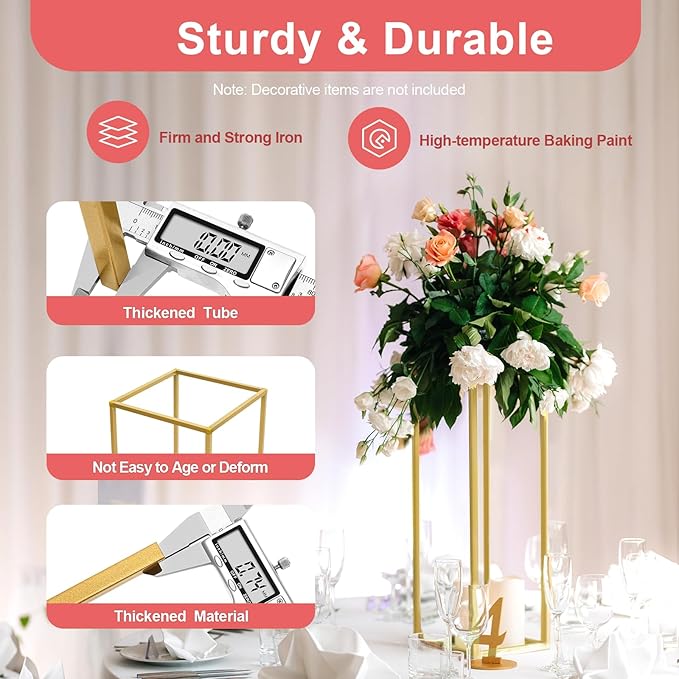10Pcs Gold Wedding Flower Stands, Metal Column Flower Holder Gold Flower Centerpieces Stands Wedding Metal Centerpieces Rectangular Vase for Wedding Decorations Party Event (10Pcs 23.62in)