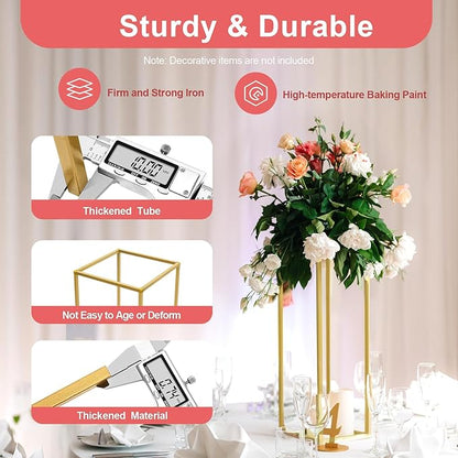 10Pcs Gold Wedding Flower Stands, Metal Column Flower Holder Gold Flower Centerpieces Stands Wedding Metal Centerpieces Rectangular Vase for Wedding Decorations Party Event (10Pcs 23.62in)