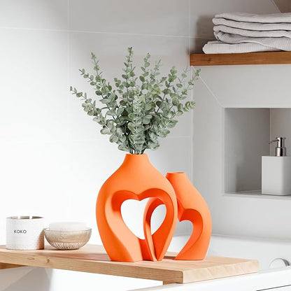 Orange Vases for Decor, Heart Shaped Ceramic Vase Set of 2, Nordic Heart Shaped Vases, Minimalist Decorative Vase for Table Centerpiece Wedding Dining Living Room Office House Decoration