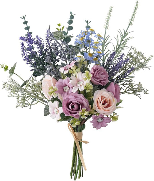 15 Inch Artificial Silk Flowers Bouquet with Roses, Eucalyptus, Baby's Breath, Daisies, Lavender, Sage & Chamomile - Realistic Faux Floral Arrangement for Home Decor Centerpiece