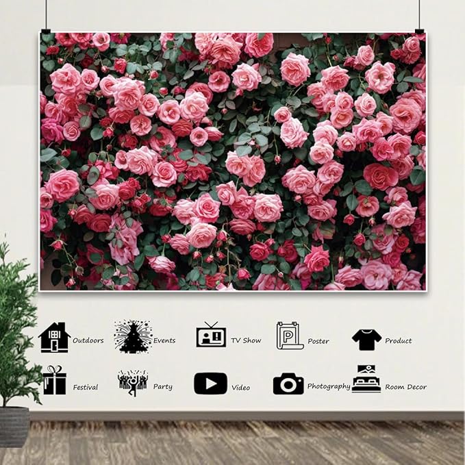 10x5ft Pink Flower Wall Backdrop Roses Floral Background Spring Tea Party Photography Banner for Wedding Birthday Bridal Shower Mother's Day Women's Day Valentine's Day Princess Portraits