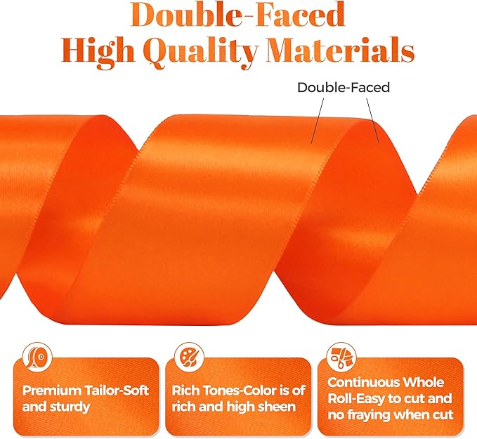 Orange Satin Ribbon, Double Faced 2 Inch X 50 Yards Orange Ribbon, Premium Satin Ribbon for Gift Wrapping, Crafts, Hair Bow Making, Sewing, Flower Bouquet, Wedding Party Decor