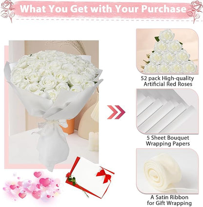White Roses Artificial Flowers Bulk, 52Pcs Fake Roses White Flowers, DIY Silk Faux Roses Bouquet, Realistic White Faux Flowers Mohter's Day Valentine's Day Decor