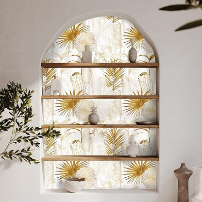 Gold/White Chrysanthemum Floral Peel and Stick Wallpaper - Tropical Palm Leaf Vintage Floral Contact Paper - Removable Wallpaper Vinyl Self Adhesive for Living Room Bedroom Shelf - 236.2"x17.71"