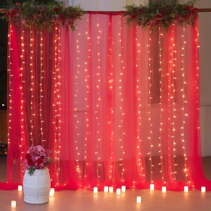 10ft x 8ft Red Backdrop Curtain with Lights String for Parties, Sheer Tulle Wedding Photo Backdrops Drapes for Baby Shower Birthday Party Decorations Background for Photography