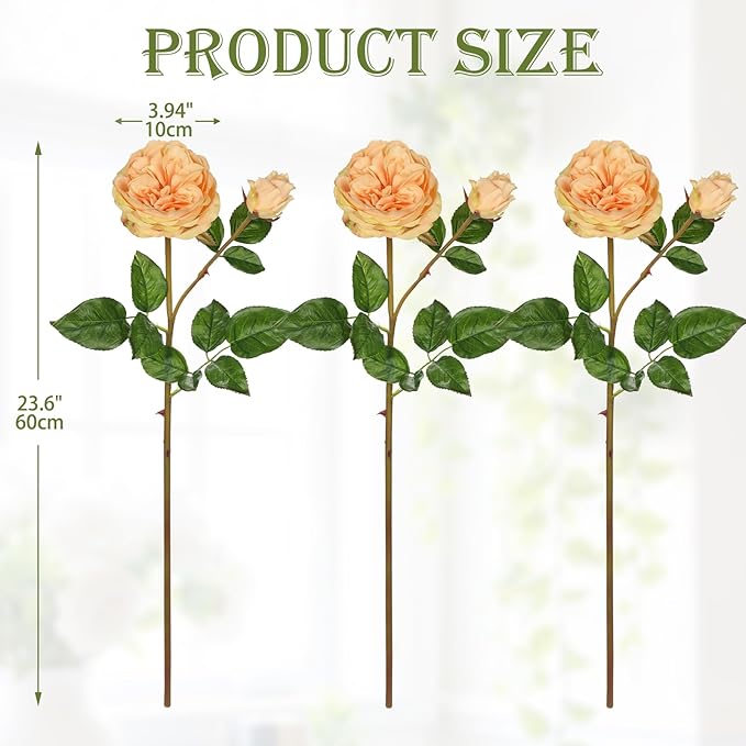 Real Touch Artificial Roses (Set of 3) – 23.6" Long Stem Yellow Garden Roses – Lifelike Faux Silk Flowers for Wedding Bouquets, Home Décor, Centerpieces & Floral Arrangements
