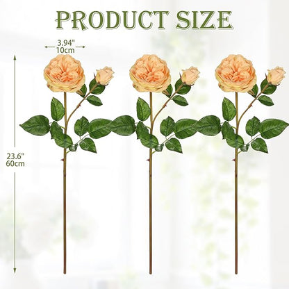 Real Touch Artificial Roses (Set of 3) – 23.6" Long Stem Yellow Garden Roses – Lifelike Faux Silk Flowers for Wedding Bouquets, Home Décor, Centerpieces & Floral Arrangements