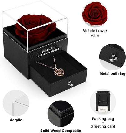 for Her Preserved Real Rose with I Love You Necklace in 100 Language, Girlfriend, Eternal Real Rose Flower Gifts for Women Mom Wife on Valentines Birthday Anniversaries