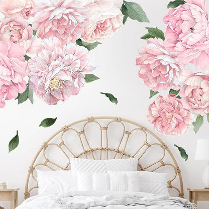 Large Pink Peony Wall Decals, Blush Flower Stickers for Girls Room & Kids Bedroom, Colorful Floral Vinyl Art for Nursery, Self-Adhesive Decor