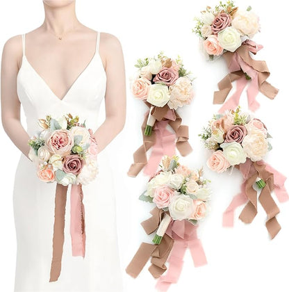 Ling's moment Artificial Flowers Pink Bridesmaid Bouquet Set of 4, Dusty Rose Wedding Flowers Bouquets for Bridesmaids, 7 Inch Bridal Bouquets for Bridesmaids, Wedding, Ceremony, Anniversary, etc