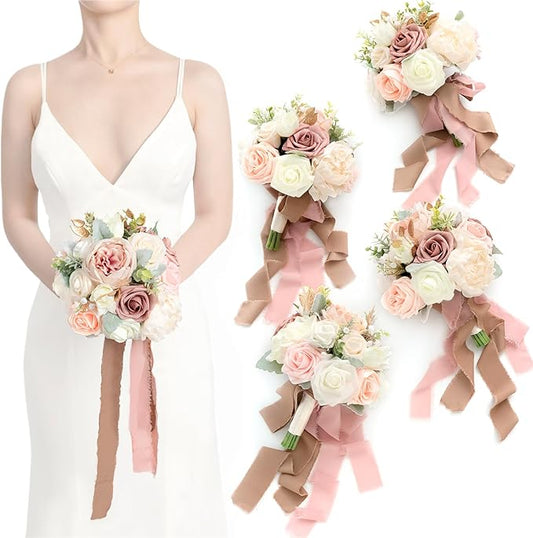 Ling's moment Artificial Flowers Pink Bridesmaid Bouquet Set of 4, Dusty Rose Wedding Flowers Bouquets for Bridesmaids, 7 Inch Bridal Bouquets for Bridesmaids, Wedding, Ceremony, Anniversary, etc