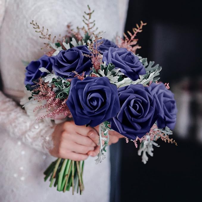 50 Pcs Artificial Foam Rose Flowers Faux Bouquet with Leaves and Stems for DIY Wedding Bouquets Centerpieces Bridal Shower Party Valentine Home Decorations (Navy Blue)