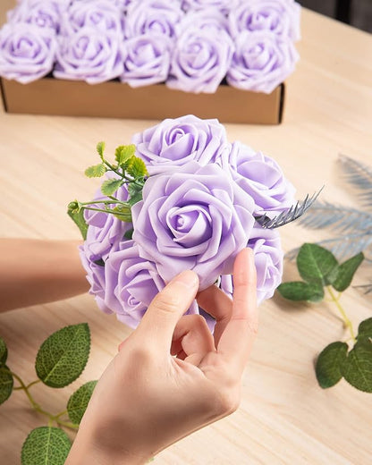 DuHouse 25Pcs Artificial Roses Flowers Fake Roses with Stems Real Touch Foam Flowers for DIY Wedding Bouquet Baby Shower Centerpiece Floral Arrangement Party Home Decor(Lilac)