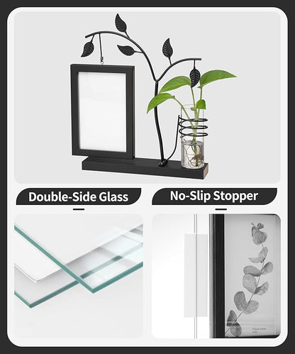 Afuly 4x6 Picture Frame Black with Metal Stand Glass Vase, Double Sided Glass Photo Frames, Wood Picture Frames Desk Modern Home Decor Anniversary wedding Gift for Couple Grandma Mom