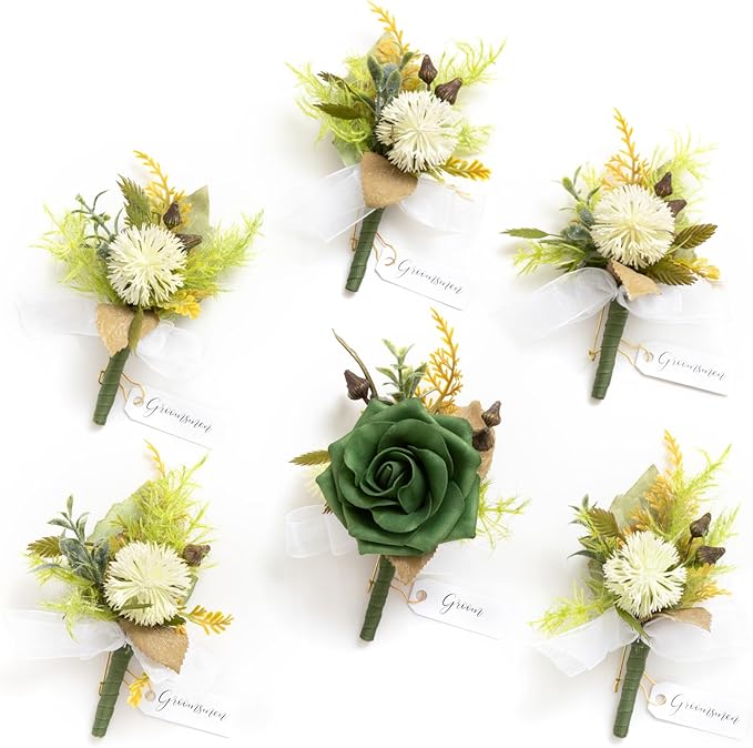 Ling's Moment Boutonniere for Men, 6pcs Groom Groomsmen Boutonniere, Artificial Flowers for Wedding Decor/Prom/Homecoming, etc.Emerald Green Beige