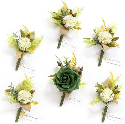 Ling's Moment Boutonniere for Men, 6pcs Groom Groomsmen Boutonniere, Artificial Flowers for Wedding Decor/Prom/Homecoming, etc.Emerald Green Beige