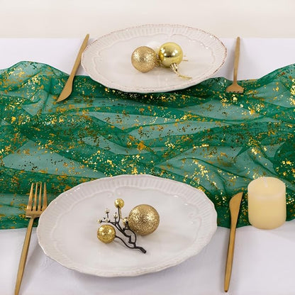 Gold Table Runner Christmas Snow Gauze Sheer Chiffon Cheesecloth Sequin 10FT Glitter Metallic Foil Dining Wedding Birthday Party Fall Winter Anniversary Holiday Centerpiece Table Decor Emerald Green