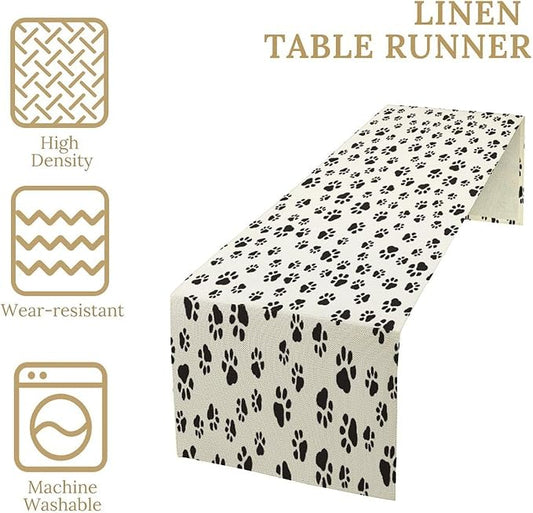 Dog Paws Table Runner,Cartoon Cute Black White Animal Footprints Abstract Tablecloth Burlap for Hotel Indoors Outdoor Dining Room Kitchen Home Decor,W13X L90 in