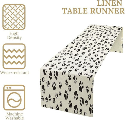 Dog Paws Table Runner,Cartoon Cute Black White Animal Footprints Abstract Tablecloth Burlap for Hotel Indoors Outdoor Dining Room Kitchen Home Decor,W13X L60 in