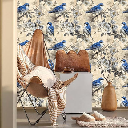 Vintage White Cherry Flowers Blue Birds Peel and Stick Wallpaper Easy Peel Off Contact Paper Stick on Adhesive Wall Paper for Bathroom Waterproof Renter Friendly