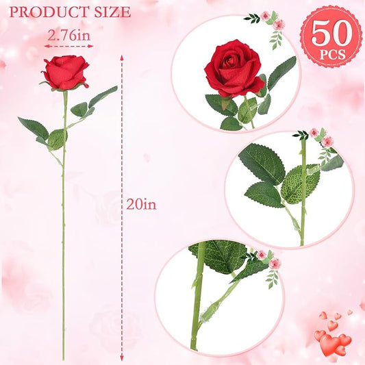 Hananona 50 Pcs Artificial Roses in Bulk, Fake Silk Red Roses Realistic Roses for Wedding Centerpieces Flower Arrangement Home Decor (50, Red)
