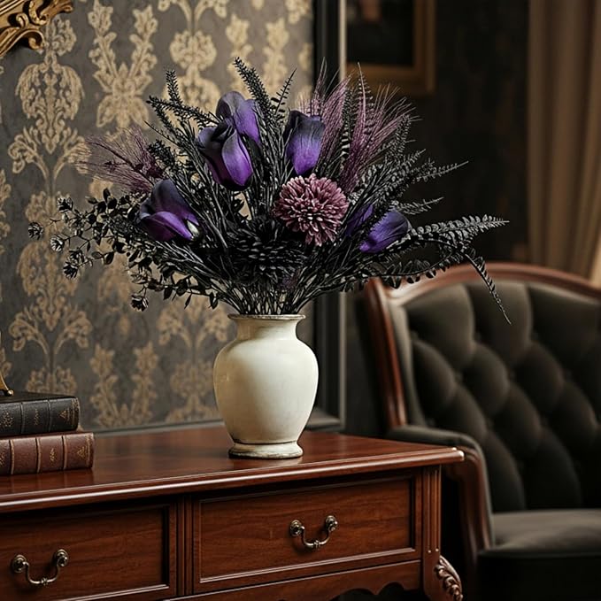 Vintage Purple Artificial Bouquet Roses, Dahlias, Ferns Arrangement Elegant Home Decor Floral Arrangement Artificial Flowers, Decorative Blooms Photography Props