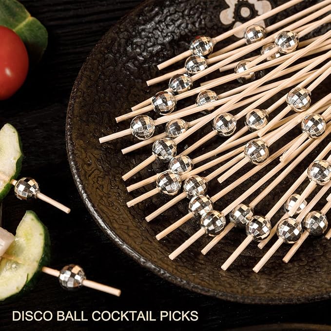 200 Pcs Cocktail Picks, 4.7 Inch Disco Ball Silver Toothpicks for Appetizers, Silver Cocktail Skewers for Drinks, Fruits, Wooden Long Toothpicks Charcuterie Sticks, Disco Party Decorations Supplies