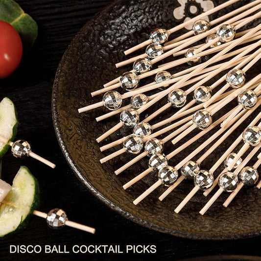 200 Pcs Cocktail Picks, 4.7 Inch Disco Ball Silver Toothpicks for Appetizers, Silver Cocktail Skewers for Drinks, Fruits, Wooden Long Toothpicks Charcuterie Sticks, Disco Party Decorations Supplies