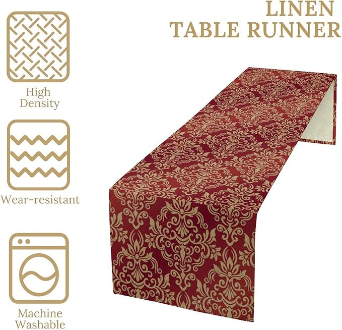 Red Damask Table Runner,Gothic Antique Victorian Floral Boho Table Runner for Home Kitchen Table Dining Garden Farmhouse Wedding Party Decor 13x70 Inch