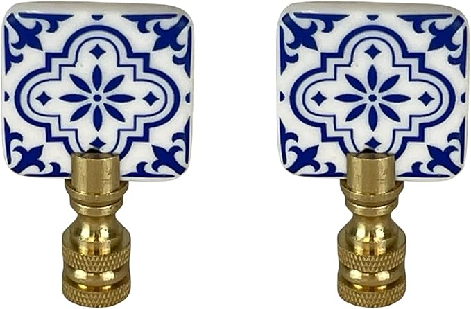 Royal Designs, Inc. Porcelain Square Design Finial for Lamp Shade, Polished Brass, Blue & White, Pack of 2