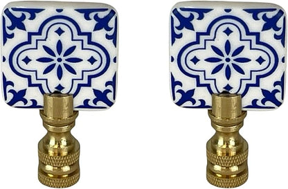Royal Designs, Inc. Porcelain Square Design Finial for Lamp Shade, Polished Brass, Blue & White, Pack of 2