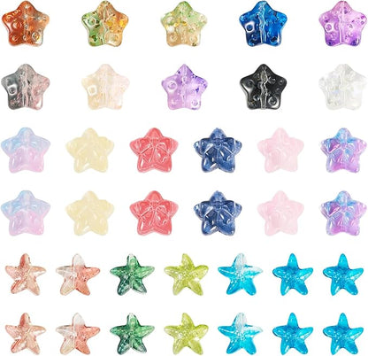 110Pcs 14mm Gradient Glass Star Beads Colorful Starfish Crystal Beads Clear Bowknot Pentagram Charm Beads Ocean Beach Craft Beads Loose Spacer Beads for DIY Bracelet Earring Jewelry Making