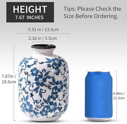 Blue and White Vintage Vase, Ceramic Chinoiserie Floral Vases, Round Farmhouse Rustic Large Flower Vase for Home Decor, Living Room, Office, Bookshelf, Grand Millennial Chinoiserie Decor 7.7 Inch
