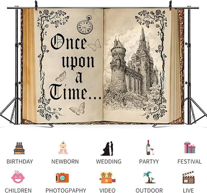 12x10ft Once Upon a Time Backdrop Fairy Tale Books Castle Princess Photography Background Once Upon a Time Birthday Baby Shower Decoration Storybook Wedding Party Banner