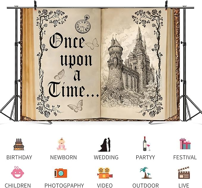 9x6ft Once Upon a Time Backdrop Fairy Tale Books Castle Princess Photography Background Once Upon a Time Birthday Baby Shower Decoration Storybook Wedding Party Banner