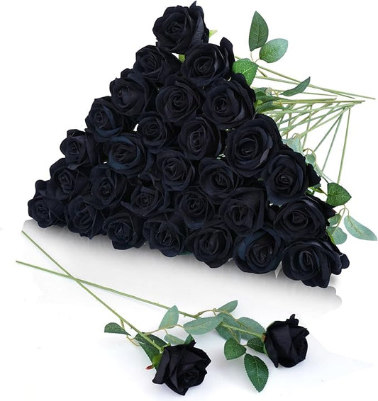 30pcs Fake Roses Artificial Silk Flowers Long Stems Bouquet for Wedding Bridal Shower Party Home Decoration (Black)